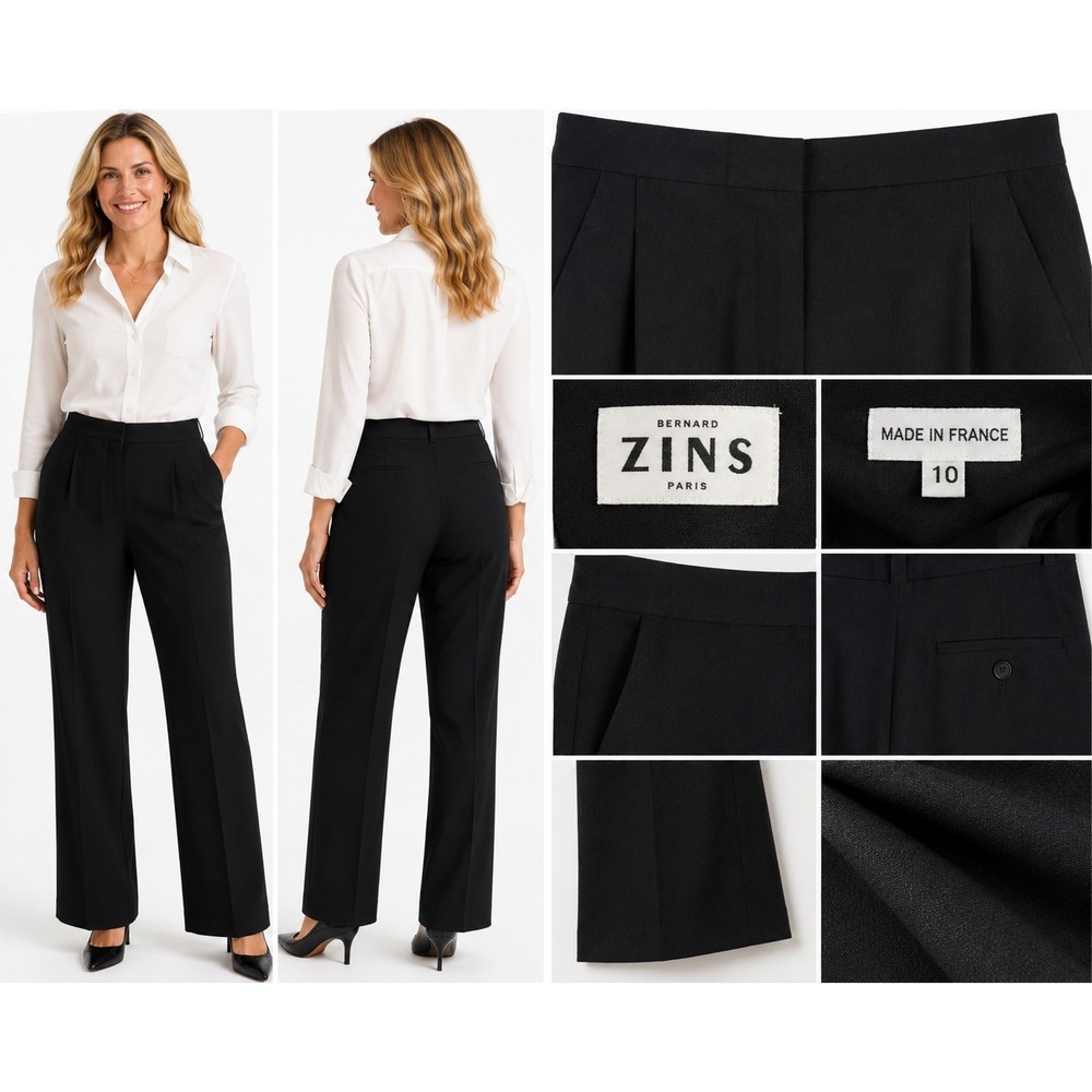 Bernard Zins Paris Pants 10 Black Wool Hi Rise Flat Front Office Old Money Chic‎